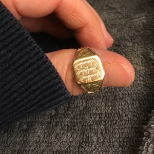 Black Hill Gold Signet Ring With an Engraved m. 10ct Gold With Green