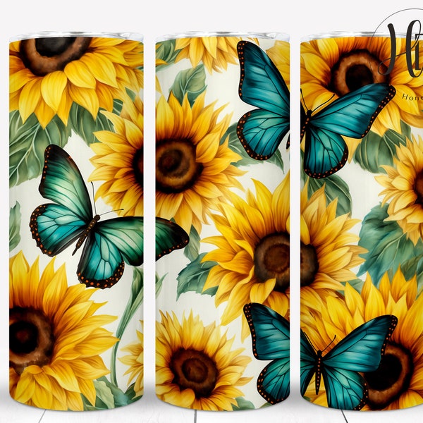 Sunflower & Butterfly 20 oz Skinny Tumbler, Sublimation Designs, Sunflower Tumbler Wrap PNG, Country Tumbler Wrap, Digital Download