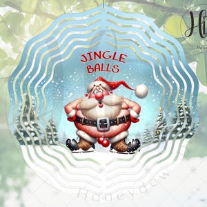 May include: A blue and white layered wind spinner with a cartoon Santa Claus in a red suit and white beard. The text "Jingle Balls" is written in red letters on the wind spinner.