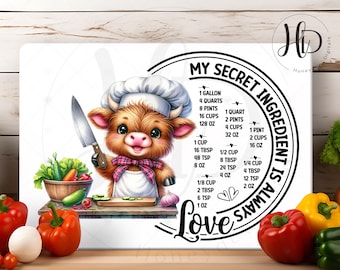 Highland Cow Kitchen Conversion Chart Sublimation Design For Cutting Boards and Decor, Digital Download