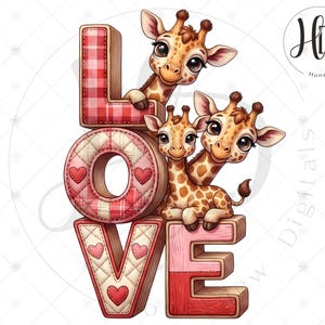 May include: A whimsical illustration spells out "LOVE" with wooden letters. The "L" is red plaid, the "O" is quilted with hearts, and the "VE" is a mix of red and pink. Three adorable giraffes peek out from behind the letters, adding a touch of charm.