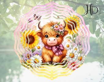 Baby Highland Cow Wind Spinner, Farm Life Sublimation Design, Country Yard Art, Digital Download