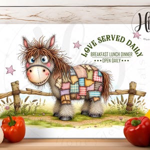 May include: A cartoon patchwork horse with a white background and the text "Love Served Daily" with the words "Breakfast Lunch Dinner Open Daily" underneath.