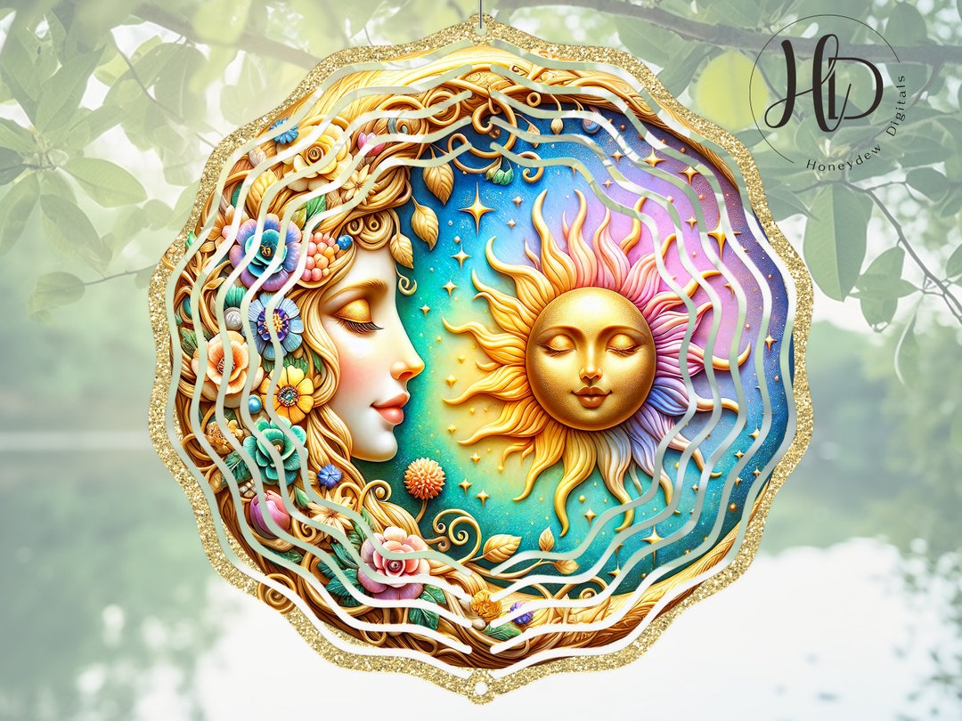 Celestial Sun and Moon Wind Spinner, DIY Garden Art Sublimation Design ...