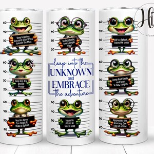 May include: Three white tumblers with a black and white line pattern. Each tumbler features a different frog illustration with a speech bubble containing a motivational quote. The quotes are "Keep Hopping Forward, Even If You Land In The Mud", "Leap For Joy And Be Hoppy", "You Are Never Too Small To Make A Splash", "Be Frogtastic Every Single Day", "Leap Into The Unknown And Embrace The Adventure", "Life's A Splash, Enjoy The Leaps", "Jump Past Limits And Leap To New Heights", "Never Be Afraid To Take A Leap", "Appreciate The Journey, One Hop At A Time".