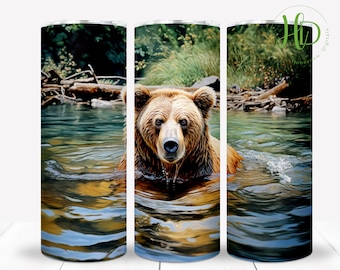 Grizzly Bear 20 oz Skinny Tumbler, Sublimation Designs, Brown Bear Tumbler Wrap PNG, Wildlife Tumbler, Digital Download