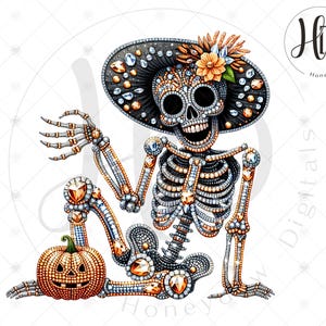 May include: A detailed illustration of a bejeweled skeleton wearing a black hat adorned with gems and flowers. The skeleton is seated next to a carved pumpkin. The design features a Day of the Dead theme.