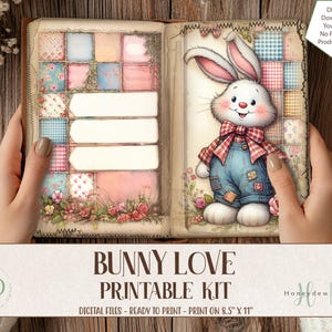 Kit de carnet matelassé lapin, papiers patchwork lapin vintage, éphémères imprimables : coupes difficiles - étiquettes - cartes ATC, téléchargement numérique