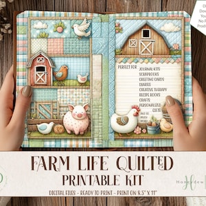 Farm Life Junk Journal Kit, gesteppte Patchwork Papiere, druckbare Ephemera: Fussy Cuts - Tags - ATC Karten - Lesezeichen, digitaler Download