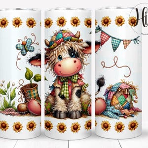 May include: A white tumbler with a patchwork cow design, sunflowers, and a scarecrow. The cow is wearing a plaid scarf and has a black and white spotted body. The tumbler is perfect for adding a touch of whimsy to your home decor.