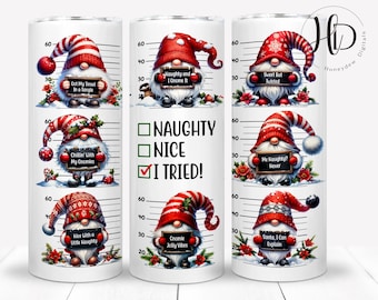 Funny Festive Gnome 20oz Skinny Tumbler Wrap, Christmas Naughty or Nice Sublimation Design, Digital Download