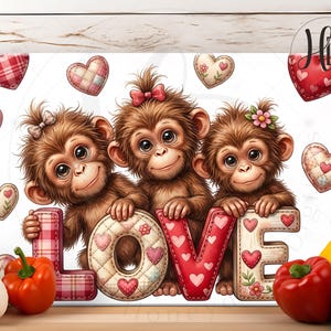 May include: A whimsical illustration features three smiling monkeys holding the word "LOVE". The letters are decorated with hearts and patterns. The monkeys have brown fur and are adorned with bows and flowers.