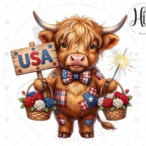 May include: A charming illustration of a Highland cow holding a "USA" sign and a sparkler. The cow is adorned with a patriotic bow tie and patchwork fur. It carries two baskets of red, white, and blue roses, perfect for a Fourth of July celebration.