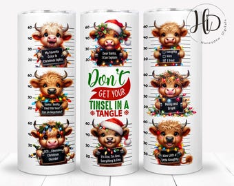 Festive Highland Cow 20oz Skinny Tumbler Wrap, Funny Christmas Mugshot Sublimation Design, Tinsel In A Tangle, Digital Download