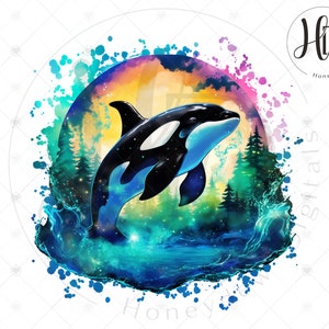 May include: A black and white orca whale jumps out of the water in a colorful, abstract, watercolor-style illustration. The orca is surrounded by a blue, green, and yellow background with a forest in the distance.