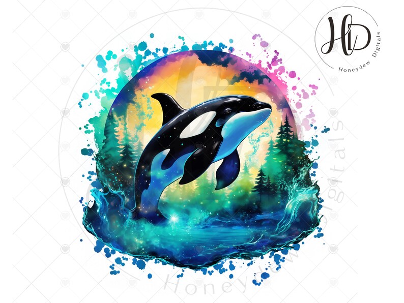 May include: A black and white orca whale jumps out of the water in a colorful, abstract, watercolor-style illustration. The orca is surrounded by a blue, green, and yellow background with a forest in the distance.