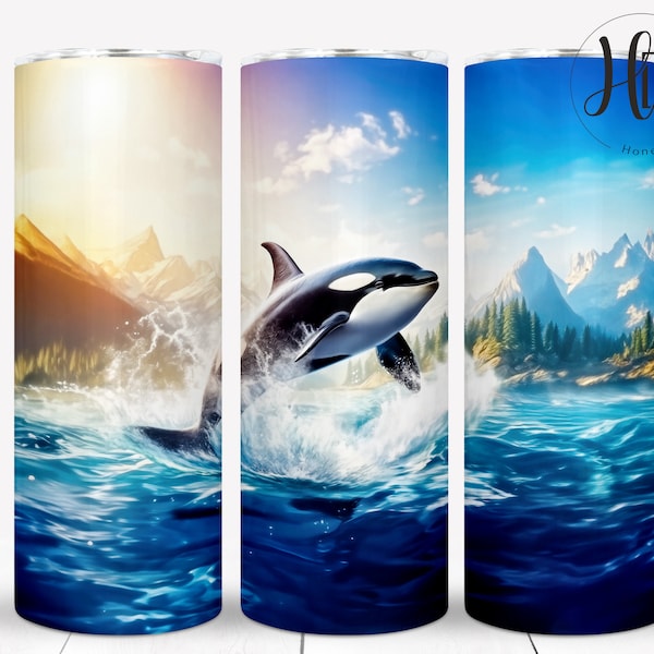 Orca Killer Whale 20 oz Skinny Tumbler, Sublimation Designs, Ocean Splashing Whale Tumbler Wrap PNG, Digital Download