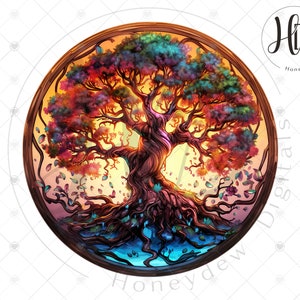May include: A colorful, circular illustration of a tree of life with a brown wooden frame. The tree has a thick trunk and branches with vibrant leaves in shades of red, orange, yellow, green, blue, and purple. The roots of the tree are intertwined with a swirling pattern of blue and green.