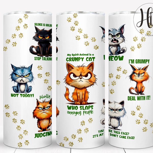 Crazy Cat 20 oz Skinny Tumbler Wrap, Sarcastic Tumbler, Funny Cat Sublimation Designs, Cat Lover, Grumpy Cat, Digital Download