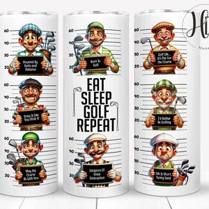 おもしろゴルフ 20オンス スキニータンブラーラップ、ゴルフをするお父さんのマグショット昇華デザイン、Eat Sleep Golf Repeat、父の日、デジタルダウンロード