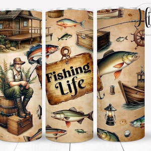 May include: A tumbler with a fishing theme. The design features a fisherman, fish, a wooden sign that says "Fishing Life", boats, and fishing gear. The background is a sepia tone.