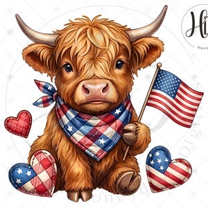 USA Highland Cow PNG, 4th of July Sublimation Design, Western Flag, Country Farmhouse, Patchwork Heart, Digital Download
