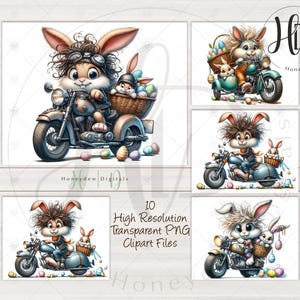 Motorrad Osterhase Clipart: Papiermodelle - Junk Journal - Scrapbook - Kartenherstellung - Ephemera - Sublimation, 10 hochauflösende PNG Digitalbilder