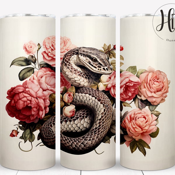 3D Snake 20 oz Skinny Tumbler, Sublimation Designs, Vintage Rose Tumbler Wrap PNG, Beautiful Snake Tumbler Design, Digital Download