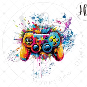 Könnte beinhalten: Ein farbenfrohes abstraktes Design eines Videospiel-Controllers mit Farbspritzern in Blautönen, Rot, Gelb, Grün und Lila.