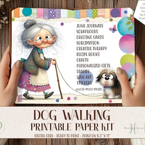Entzückende kleine alte Dame & Hund Papier Kit, Perfekt für: Junk Journals - Kartenherstellung - Papierhandwerk - Scrapbook - Sublimation, digitaler Download