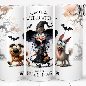 Funny Wicked Witch & Dogs 20oz Skinny Tumbler Wrap, Adorable Halloween Sublimation Design, Digital Download