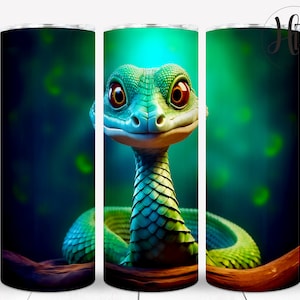 May include: A green snake with yellow eyes is curled up on a brown branch. The snake is in a green and blue forest setting.