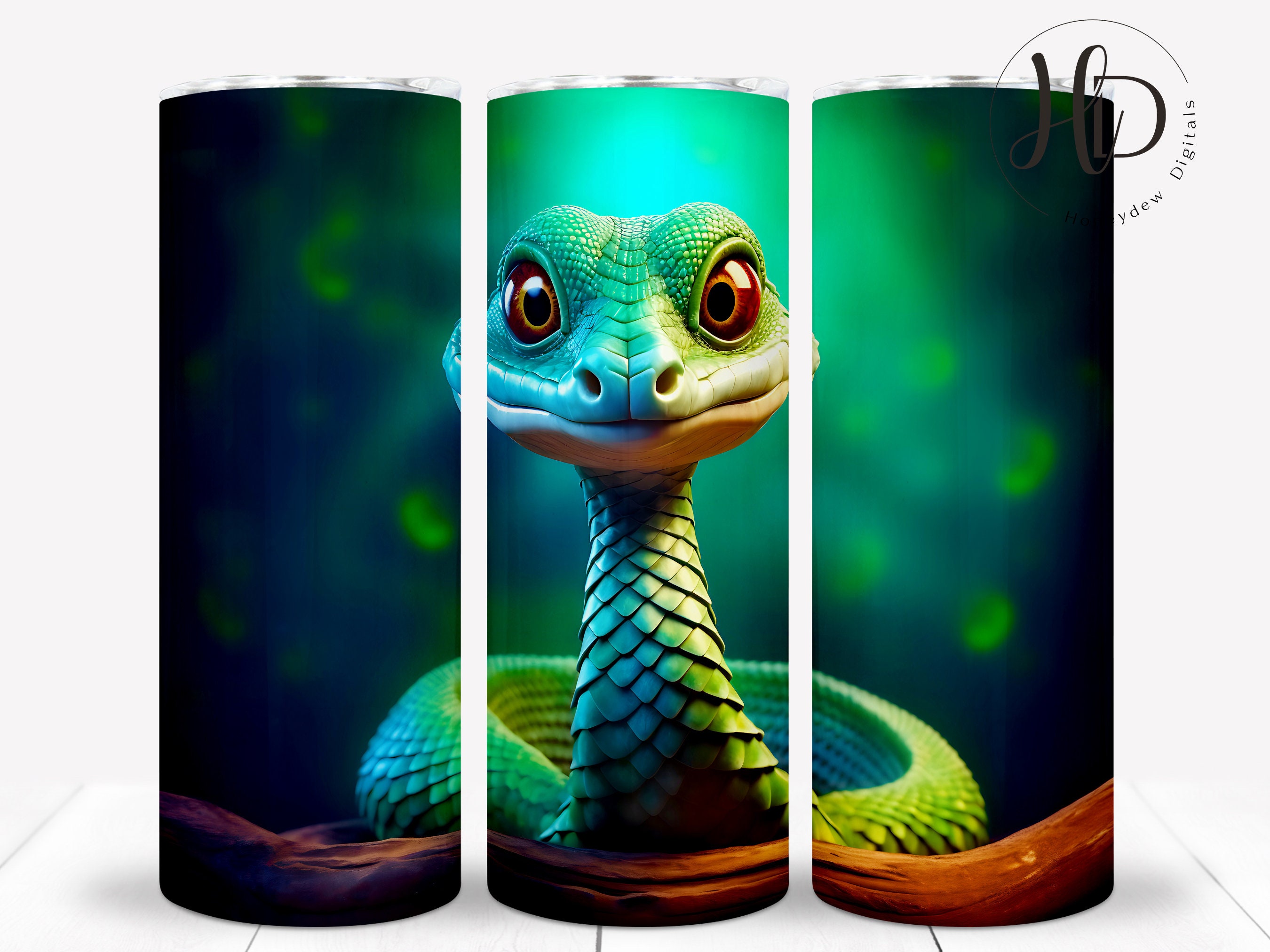 Vibrant 3D Snake 20 oz Skinny Tumbler Wrap, Green Jewel Reptile Sublimation Design, Digital Download