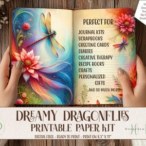 Verträumte Libellen Junk Journal Kit - Doppelseiten, Papiere, Ephemera zum Ausdrucken: Tags, Lesezeichen, Buttons - Digitaler Download