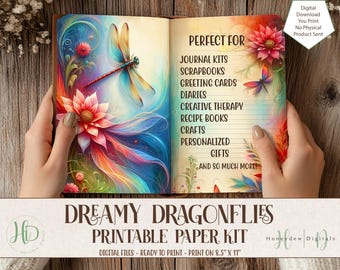 Dragonfly Junk Journal Kit, Scrapbook Paper Pack, Card Making Printable, Digital Download