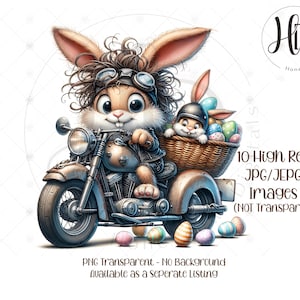 Motorrad Osterhase Clipart: Papiermodelle - Junk Journal - Scrapbook - Kartenherstellung - Ephemera - Sublimation, 10 hochauflösende JPG Digitalbilder