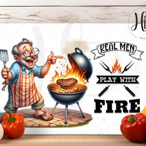 BBQ Cutting Board Sublimation Design, Father's Day Kitchen Decor For Grill Lovers, Real Men Play With Fire, Dad Barbecue, Digital Download