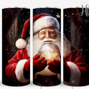 May include: Santa Claus in a red suit and white beard holds a glowing orb in his hands. He is standing in front of a window with falling snow.