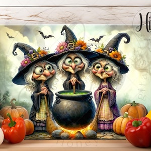 May include: A whimsical illustration features three cartoon witches in black hats adorned with flowers, gathered around a bubbling cauldron. They hold brooms and wear long robes. Pumpkins, peppers, and bats complete the Halloween theme.