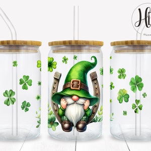 St. Patrick's Day Gnome Libbey Can Tumbler Wrap, 16 oz Glass Shamrock Sublimation Design, Digital Download