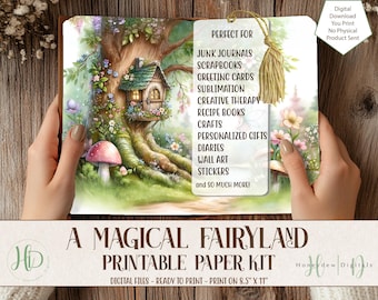 May include: A printable paper kit featuring a whimsical illustration of a treehouse in a magical fairyland setting. The kit includes digital files ready to print on 8.5" x 11" paper. The text on the bookmark reads "Perfect for Junk Journals, Scrapbooks, Greeting Cards, Sublimation, Creative Therapy, Recipe Books, Crafts, Personalized Gifts, Diaries, Wall Art, Stickers, and so much more!"