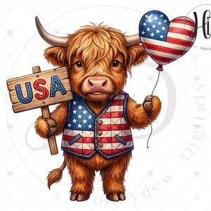 May include: A digital illustration of a Highland cow wearing a patriotic vest and holding a sign that says "USA". The cow also holds a heart-shaped balloon with a US flag design. The cow has brown fur and large horns.