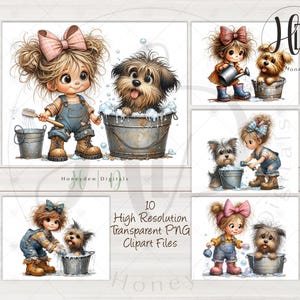Adorable Dog Bath Time Clipart for Paper Crafts: Junk Journal - Scrapbook - Card Making - Sublimation | Girl & Dog | 10 High Res PNG Designs