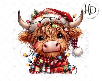 Cute Christmas Highland Cow PNG: Holiday Sublimation Design for Crafts & Shirts, Wrapped In Lights, Digital Download