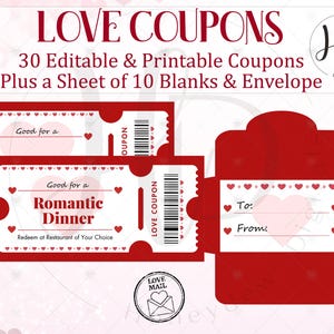 Libro de cupones de amor personalizado, vale de regalo editable para el día de San Valentín con sobre, descarga digital