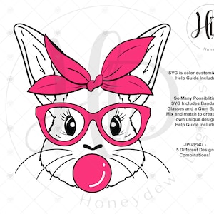 Könnte beinhalten: Schwarz-weiße Illustration eines Hasengesichts mit rosa Brille und rosa Bandana. Der Hase bläst eine rosa Blase. Der Text auf dem Bild lautet "SVG is color customizable" und "JPG/PNG - 5 Different Design Combinations!"