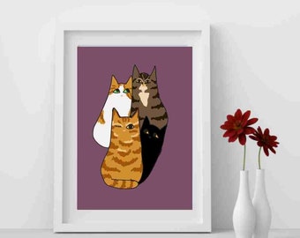 Personalised Cartoon Cat Portrait, Cat Drawing, Pet Cat Collage Picture, Classic Matte Paper, Cat Art, Custom Pet Portraits