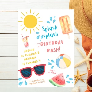 Inbjudan till födelsedag med Summer Splash: Redigerbar barnkalasinbjudan (digital nedladdning)