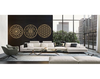 Golden Sacred Geometry Wall Art; Torus, Sri Yantra, Flower of Life, Yoga Metal Wall Decor, Meditation Home decor, Laser cut Metal art, Zen