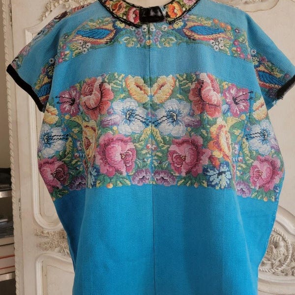 Vintage Guatemalan Huipil Turquoise Pink Genuine Worn To Perfection Sz SM 45x25"